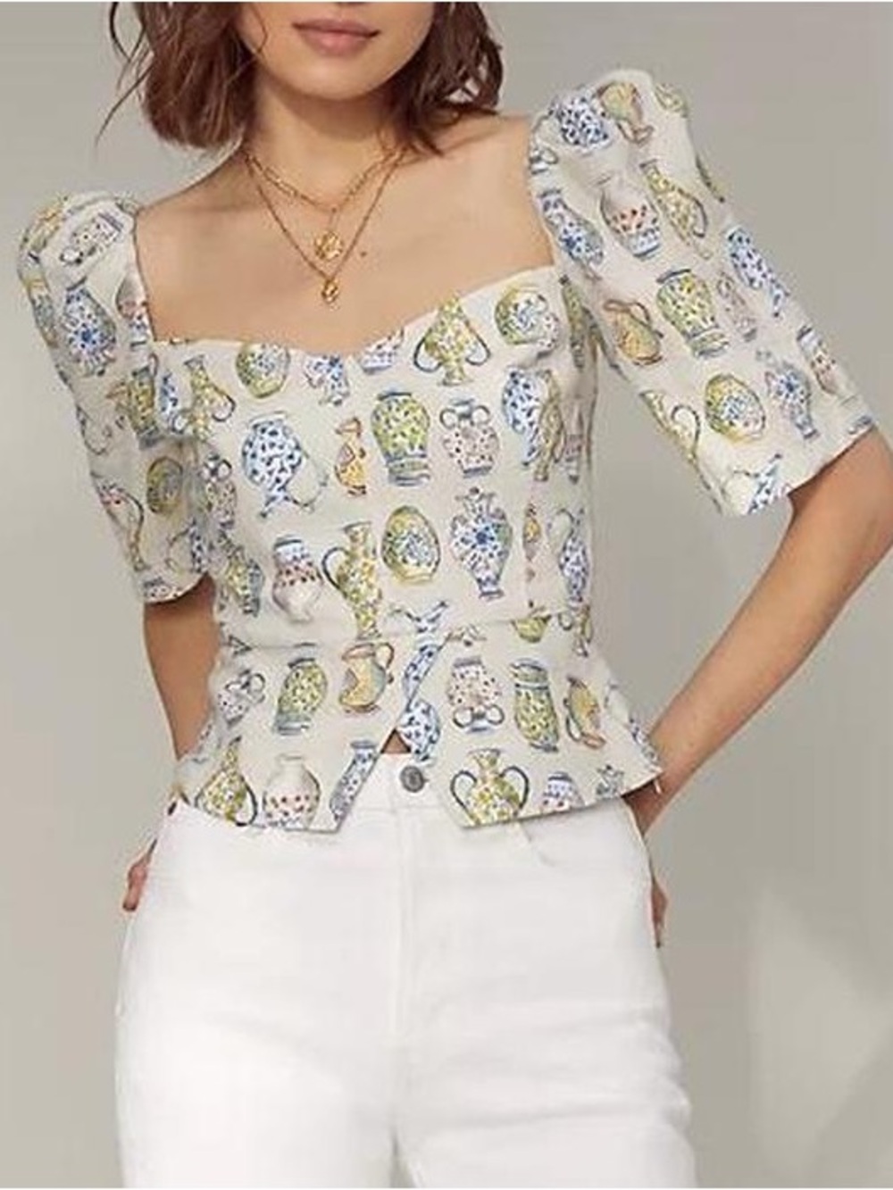 Wilfred Aritzia Cream Sweetheart Vase-Print Blouse Top - Picture 2 of 10